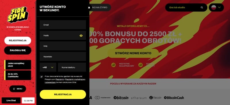 Rejestracja w Firespin z szybkimi wypłatami